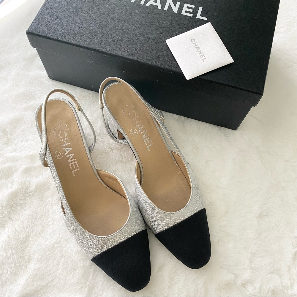 Chanel Cap Toe CC Silver Leather Slingbacks